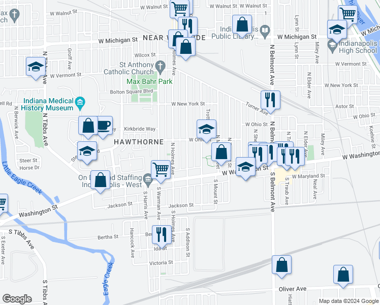 map of restaurants, bars, coffee shops, grocery stores, and more near 32 North Belleview Place in Indianapolis