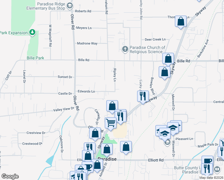 map of restaurants, bars, coffee shops, grocery stores, and more near 6095 Ripley Lane in Paradise