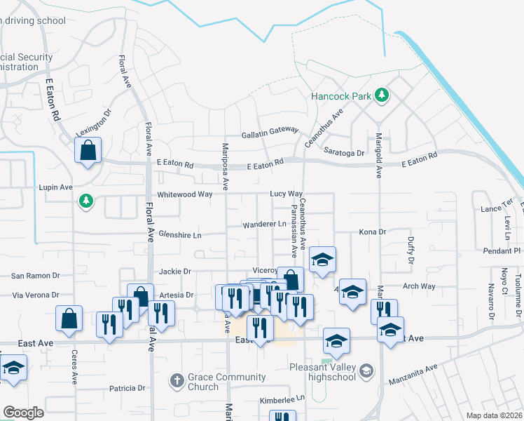 map of restaurants, bars, coffee shops, grocery stores, and more near 2790 Swallowtail Way in Chico