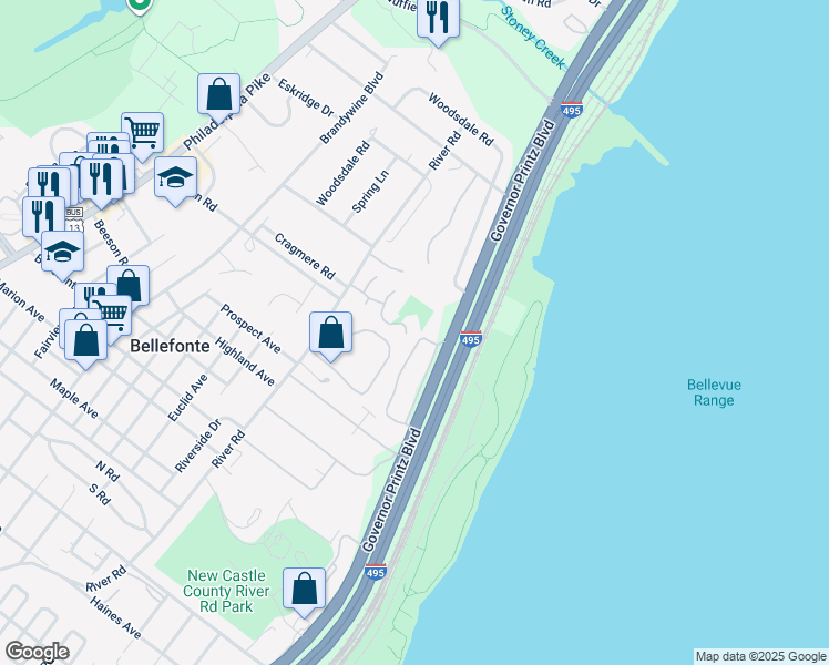 map of restaurants, bars, coffee shops, grocery stores, and more near 68 River Woods Drive in Wilmington