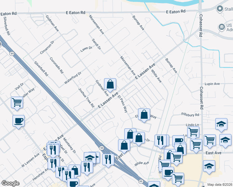 map of restaurants, bars, coffee shops, grocery stores, and more near East Lassen Avenue & El Paso Way in Chico