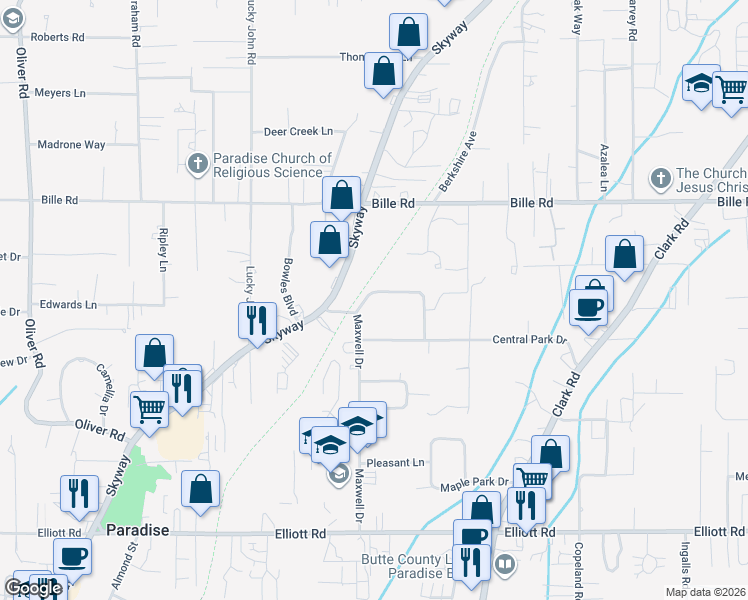 map of restaurants, bars, coffee shops, grocery stores, and more near 6112 Greenwood Drive in Paradise