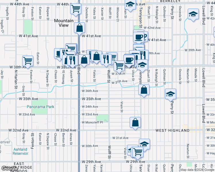 map of restaurants, bars, coffee shops, grocery stores, and more near 4818 West 36th Avenue in Denver