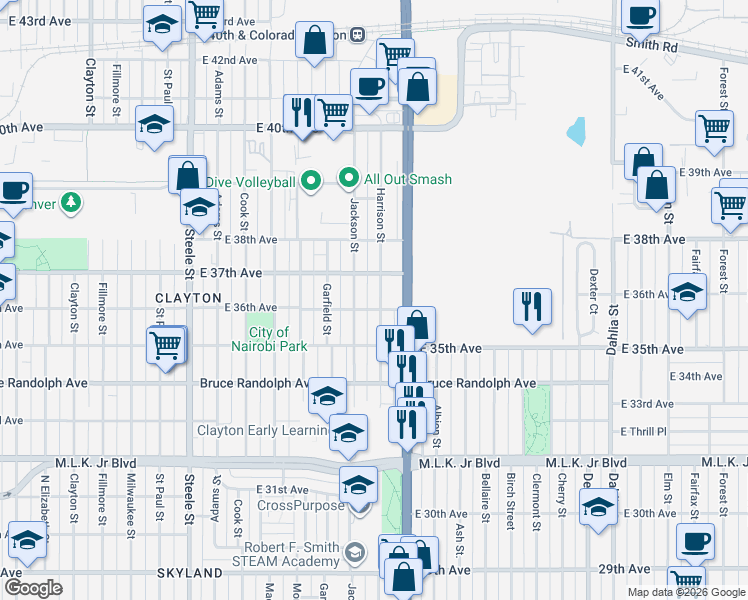 map of restaurants, bars, coffee shops, grocery stores, and more near 3546 Harrison Street in Denver