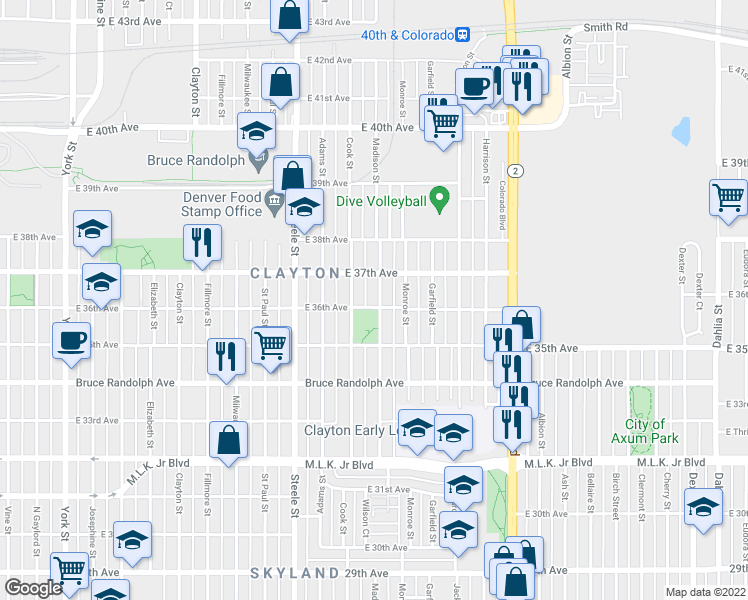 map of restaurants, bars, coffee shops, grocery stores, and more near 3548 Madison Street in Denver