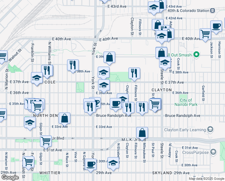 map of restaurants, bars, coffee shops, grocery stores, and more near 3545 Elizabeth Street in Denver