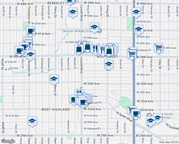 map of restaurants, bars, coffee shops, grocery stores, and more near 3410 West 36th Avenue in Denver