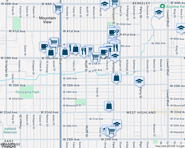 map of restaurants, bars, coffee shops, grocery stores, and more near 4638 West 36th Avenue in Denver