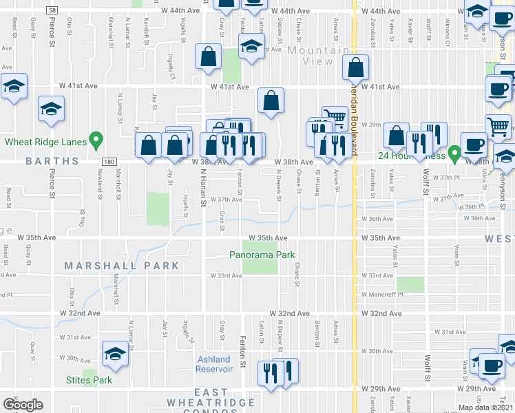 map of restaurants, bars, coffee shops, grocery stores, and more near 3590 Fenton Street in Wheat Ridge
