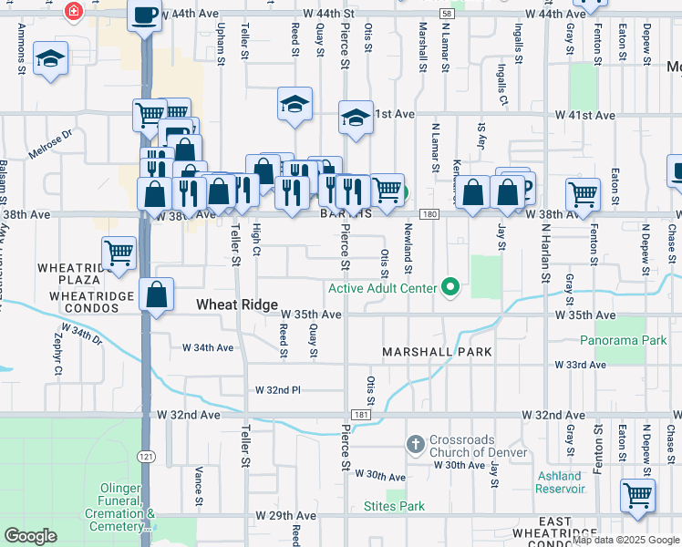 map of restaurants, bars, coffee shops, grocery stores, and more near 3520 Pierce Street in Wheat Ridge