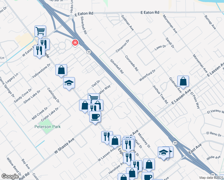 map of restaurants, bars, coffee shops, grocery stores, and more near 285 Bordeaux Court in Chico