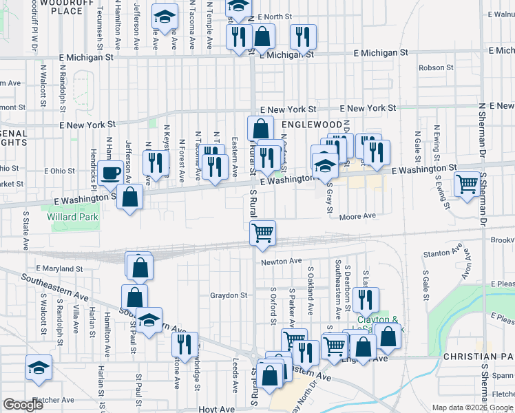 map of restaurants, bars, coffee shops, grocery stores, and more near 104 South Rural Street in Indianapolis
