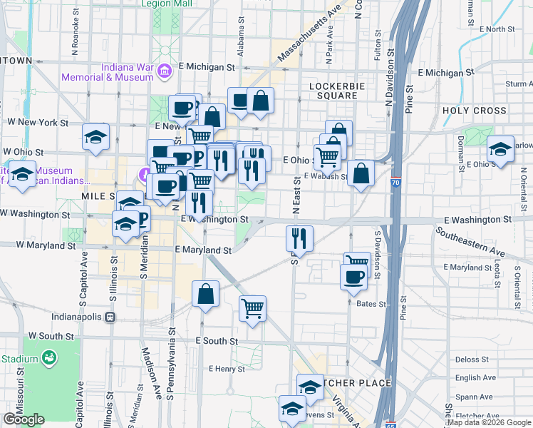 map of restaurants, bars, coffee shops, grocery stores, and more near 8 South New Jersey Street in Indianapolis