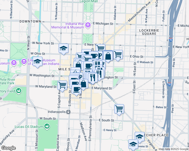 map of restaurants, bars, coffee shops, grocery stores, and more near 76 Virginia Avenue in Indianapolis
