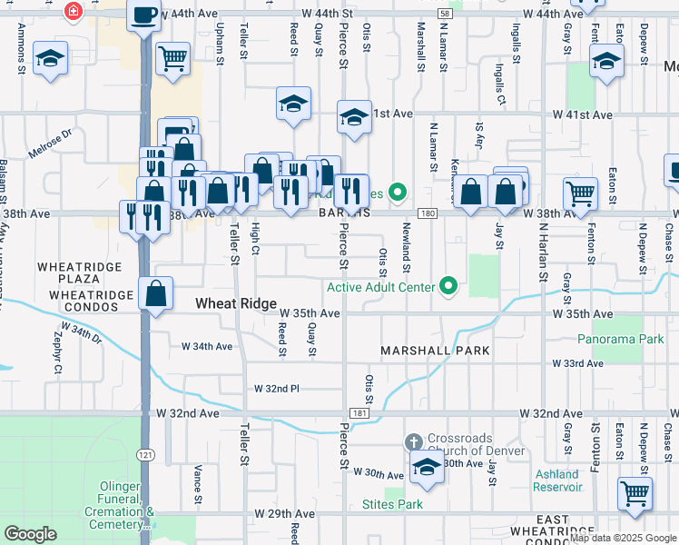 map of restaurants, bars, coffee shops, grocery stores, and more near 3520 Pierce Street in Wheat Ridge