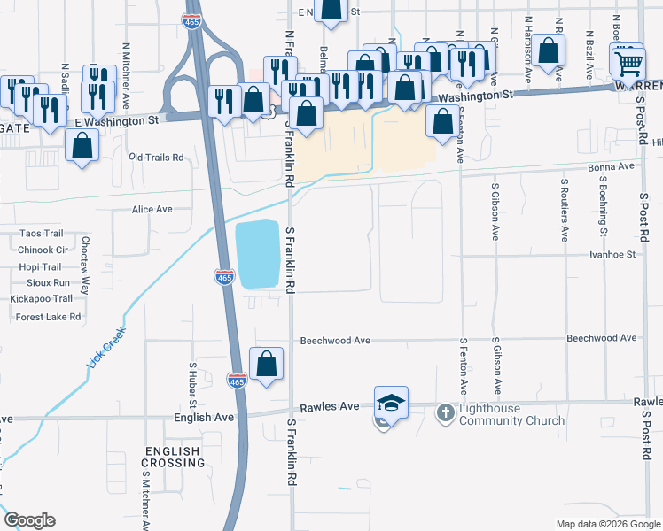 map of restaurants, bars, coffee shops, grocery stores, and more near 333 South Franklin Road in Indianapolis