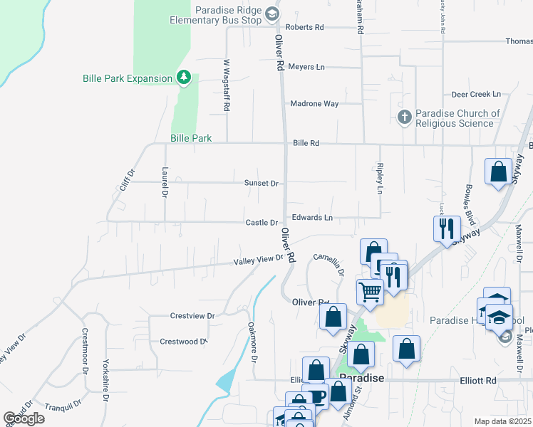 map of restaurants, bars, coffee shops, grocery stores, and more near 621 Castle Drive in Paradise