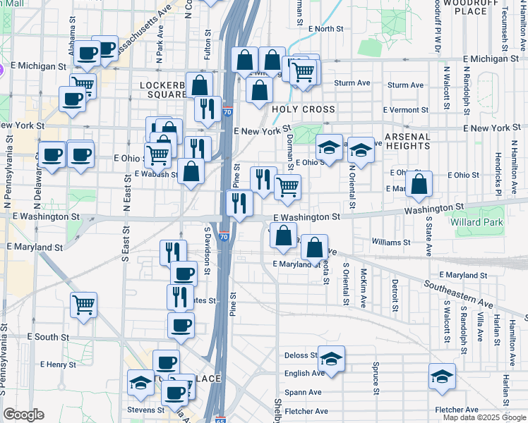 map of restaurants, bars, coffee shops, grocery stores, and more near 1017E East Washington Street in Indianapolis