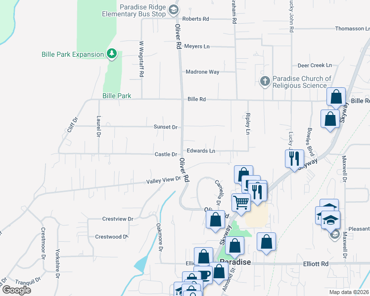 map of restaurants, bars, coffee shops, grocery stores, and more near 6082 Oliver Road in Paradise