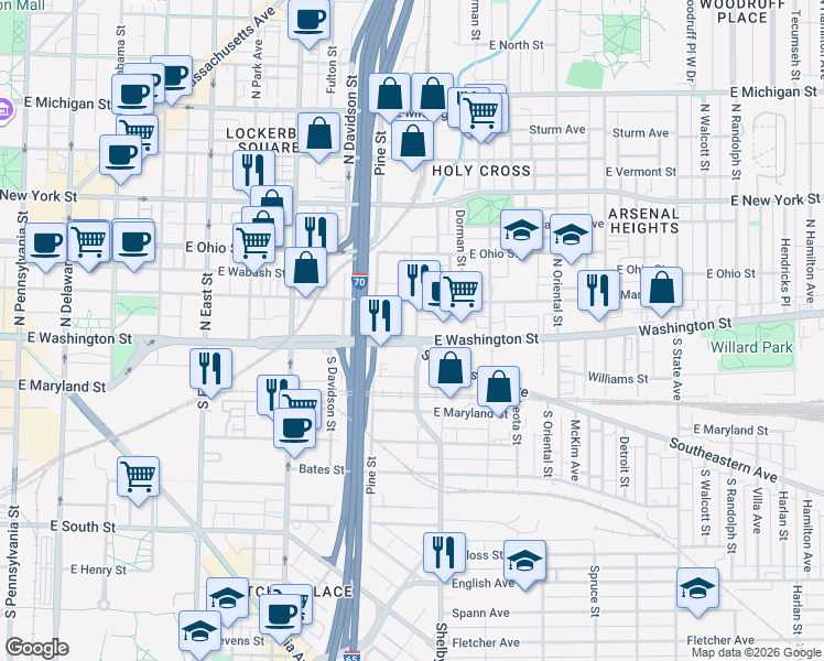 map of restaurants, bars, coffee shops, grocery stores, and more near in Indianapolis