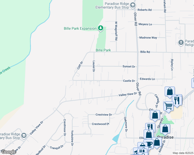 map of restaurants, bars, coffee shops, grocery stores, and more near 495 Castle Drive in Paradise