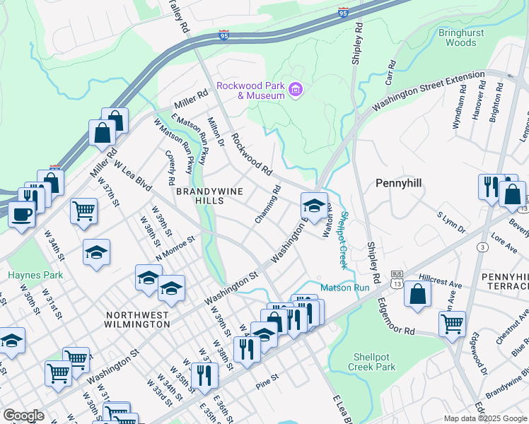 map of restaurants, bars, coffee shops, grocery stores, and more near Channing Road in Wilmington