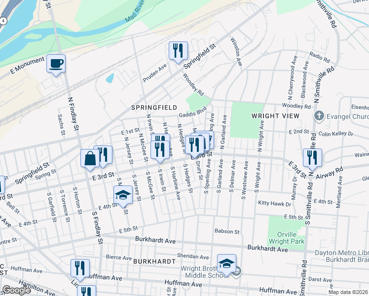map of restaurants, bars, coffee shops, grocery stores, and more near in Dayton