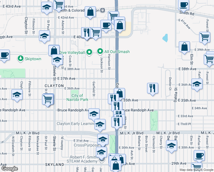 map of restaurants, bars, coffee shops, grocery stores, and more near 3546 Harrison Street in Denver