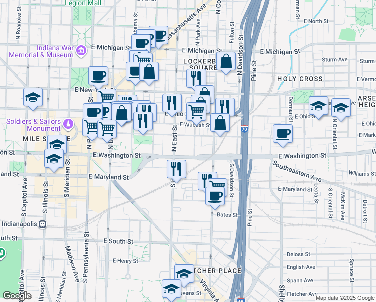 map of restaurants, bars, coffee shops, grocery stores, and more near 531w East Market Street in Indianapolis