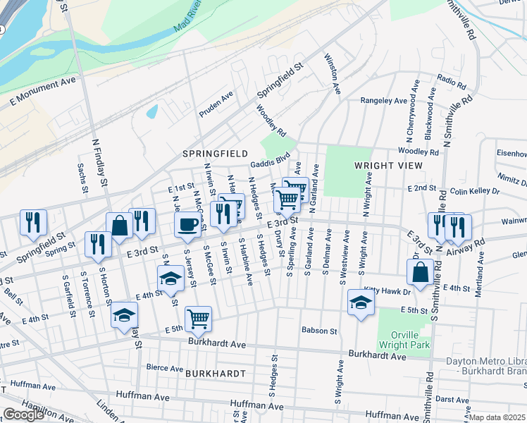 map of restaurants, bars, coffee shops, grocery stores, and more near 22 North Hedges Street in Dayton