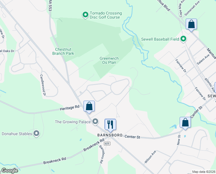 map of restaurants, bars, coffee shops, grocery stores, and more near 45 Hollybrook Drive in Gloucester County