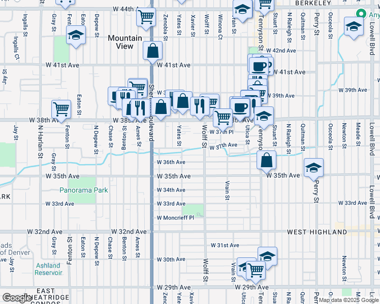 map of restaurants, bars, coffee shops, grocery stores, and more near 3713 Wolff Street in Denver