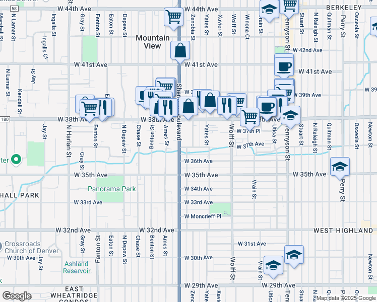 map of restaurants, bars, coffee shops, grocery stores, and more near 3725 Zenobia Street in Denver