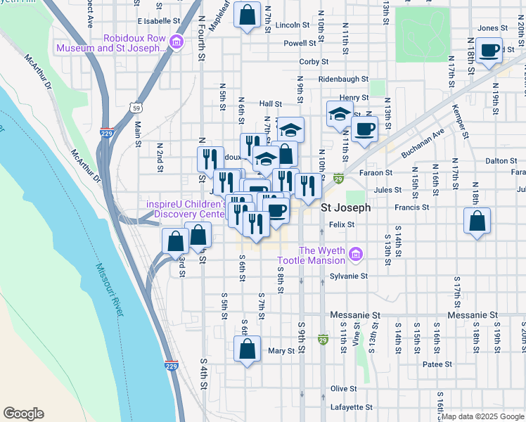 map of restaurants, bars, coffee shops, grocery stores, and more near 720 Jules Street in Saint Joseph