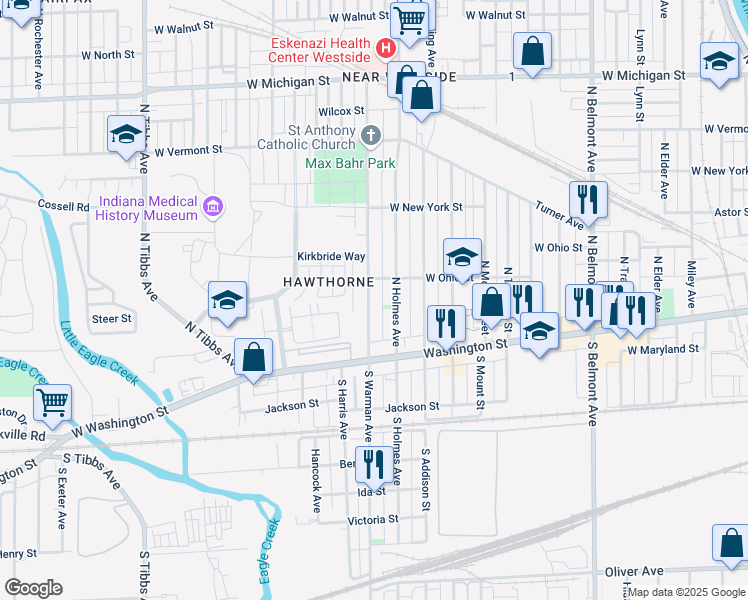 map of restaurants, bars, coffee shops, grocery stores, and more near 95 North Warman Avenue in Indianapolis