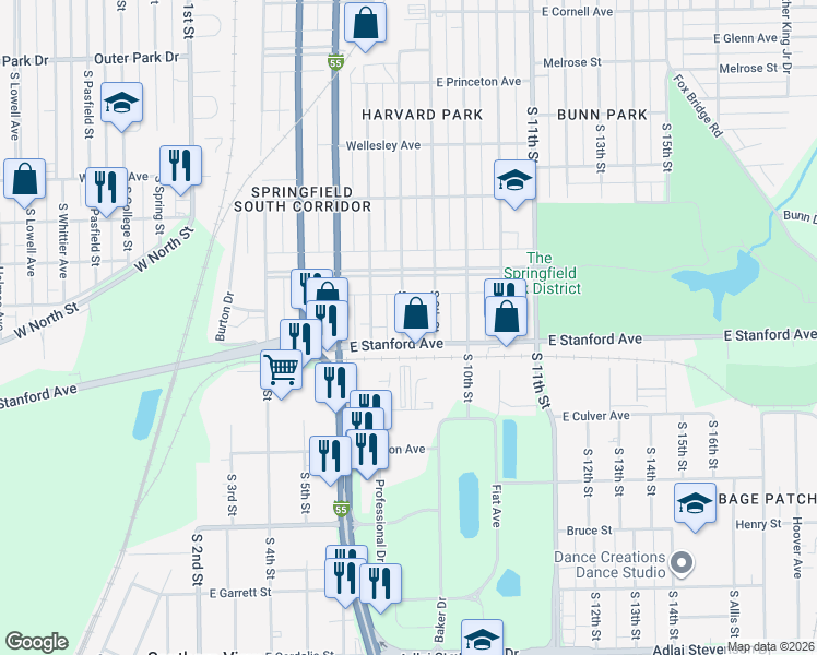 map of restaurants, bars, coffee shops, grocery stores, and more near 2656 South 8th Street in Springfield