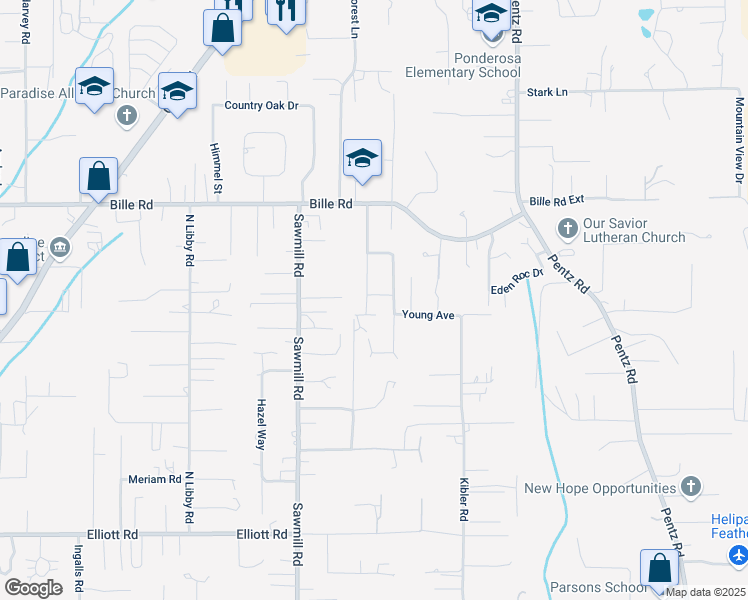 map of restaurants, bars, coffee shops, grocery stores, and more near 1576 Redwood Lane in Paradise