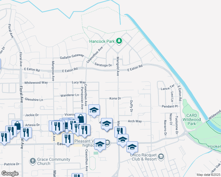 map of restaurants, bars, coffee shops, grocery stores, and more near 14 Marlin Court in Chico