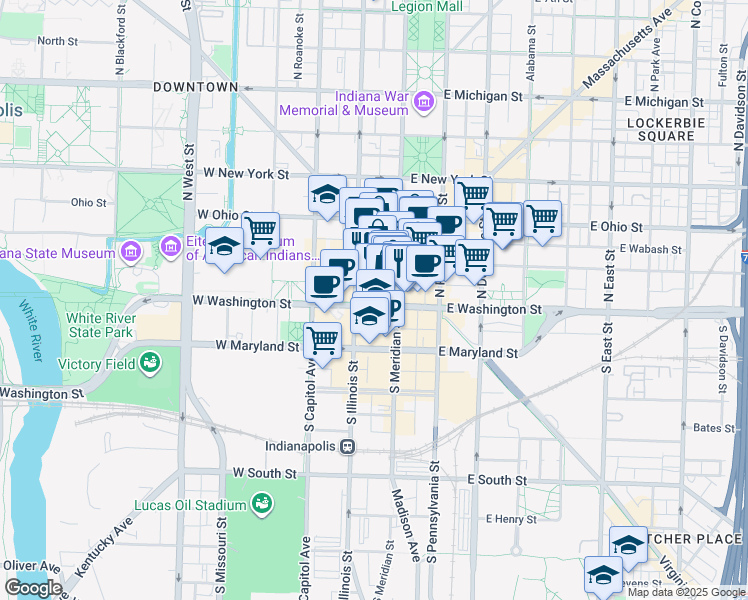 map of restaurants, bars, coffee shops, grocery stores, and more near 26 West Washington Street in Indianapolis