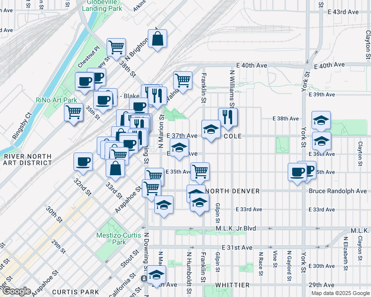 map of restaurants, bars, coffee shops, grocery stores, and more near 3663 Humboldt Street in Denver