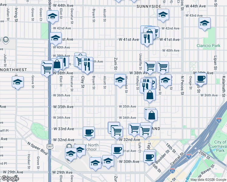 map of restaurants, bars, coffee shops, grocery stores, and more near 2432 West 37th Avenue in Denver
