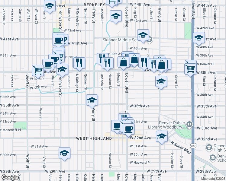 map of restaurants, bars, coffee shops, grocery stores, and more near 3715 Meade Street in Denver