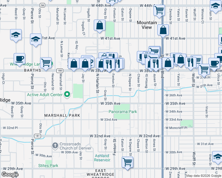 map of restaurants, bars, coffee shops, grocery stores, and more near 3730 Fenton Street in Denver