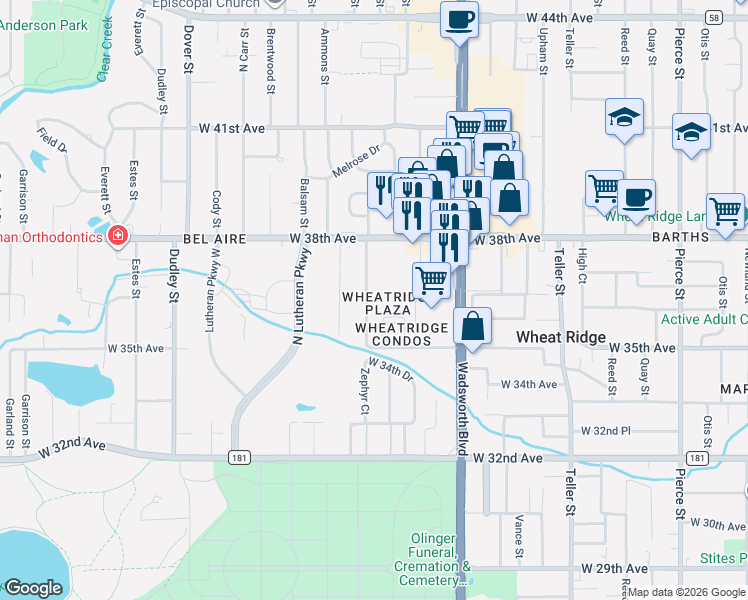 map of restaurants, bars, coffee shops, grocery stores, and more near 3692 Allison Street in Wheat Ridge