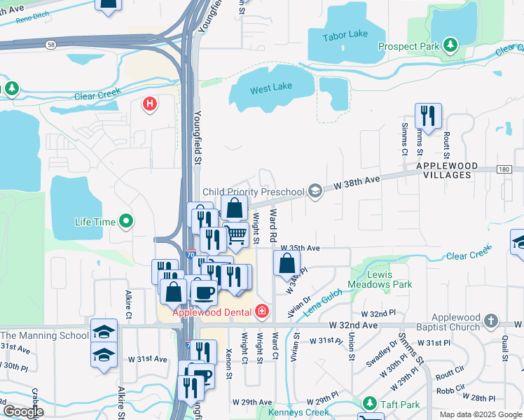 map of restaurants, bars, coffee shops, grocery stores, and more near in Wheat Ridge