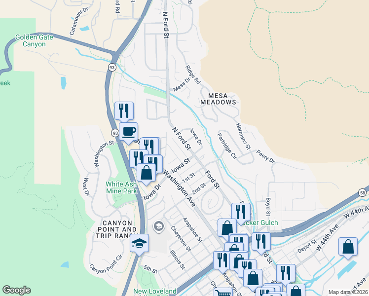 map of restaurants, bars, coffee shops, grocery stores, and more near 302 Iowa Court in Golden