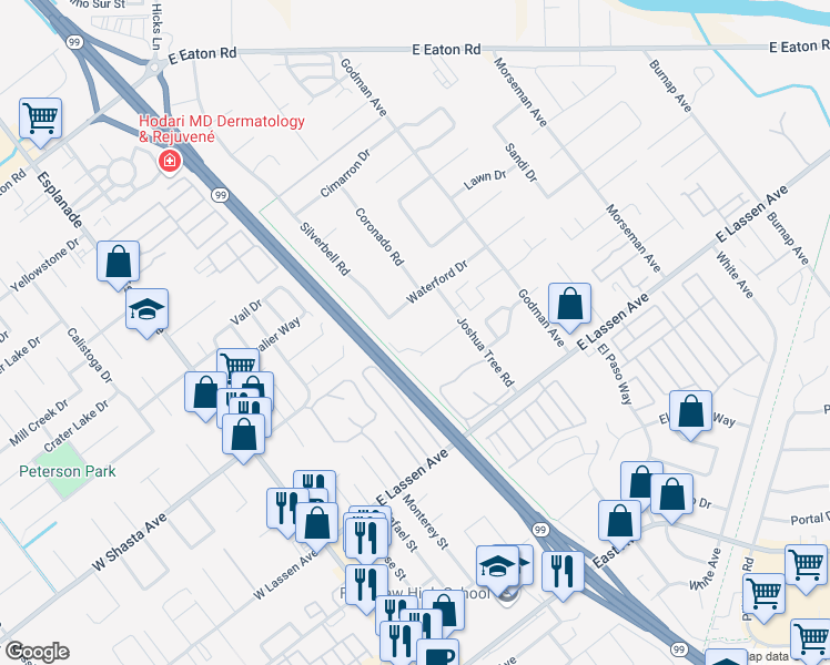 map of restaurants, bars, coffee shops, grocery stores, and more near 490 Posada Way in Chico
