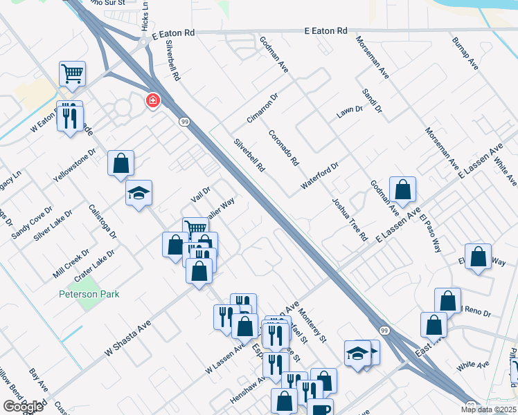 map of restaurants, bars, coffee shops, grocery stores, and more near 3025 Silverbell Road in Chico