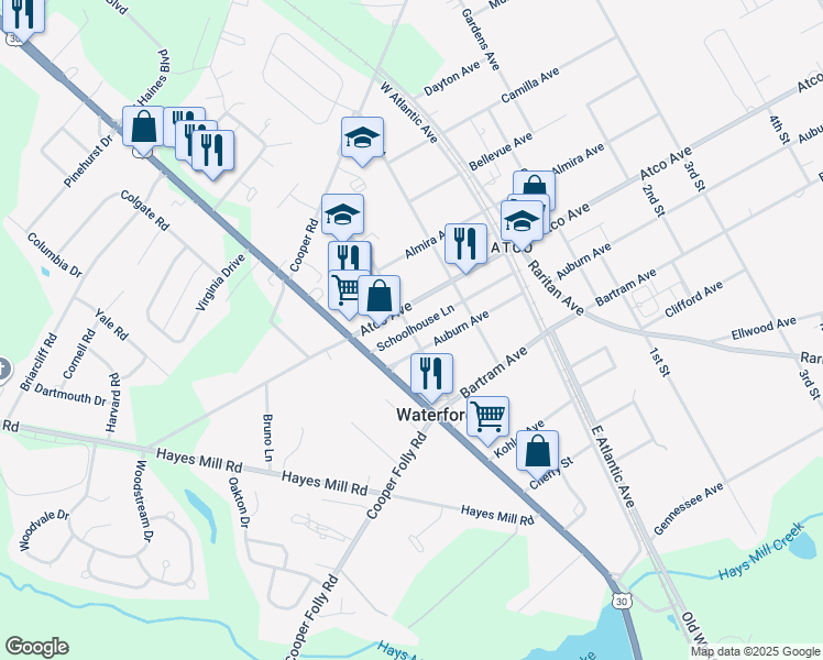 map of restaurants, bars, coffee shops, grocery stores, and more near Old School House Road in Gloucester Township