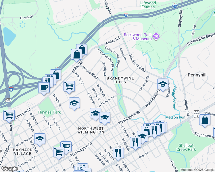 map of restaurants, bars, coffee shops, grocery stores, and more near 605 Coverly Road in Wilmington